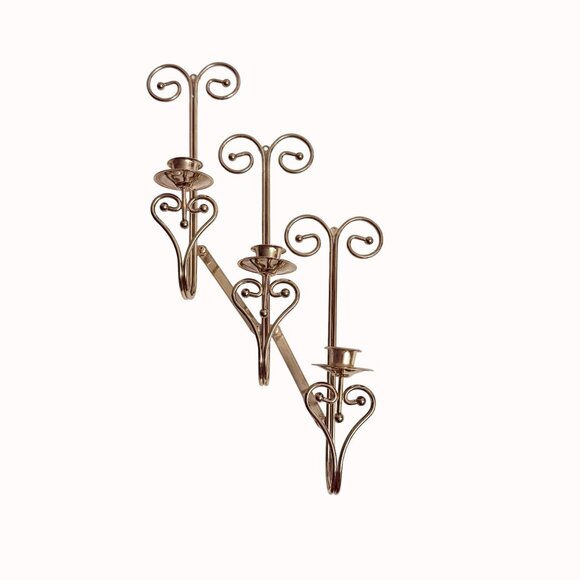 Hollywood Regency Brass Wall Sconce Triple Taper Candle Holder VTG 70s Elegant - Picture 4 of 15